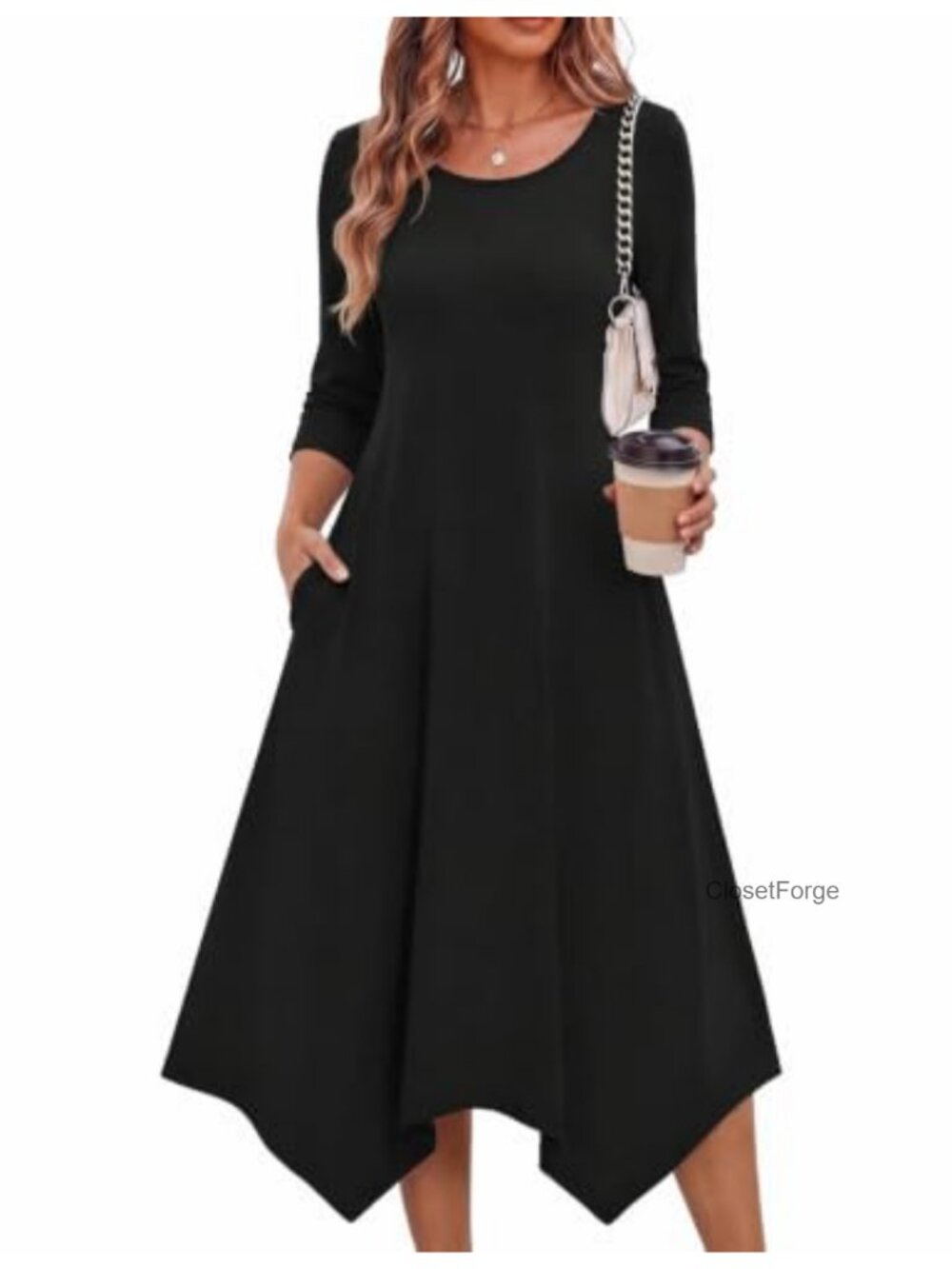 Women's 3/4 Sleeve Midi Dress with Pockets A-Line Casual Summer Beach Sundress